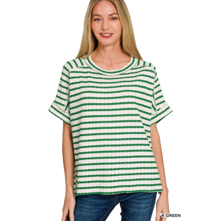 Zenana Stripe Jacquard Round-Meck Tee K GREEN / S/M Apparel and Accessories