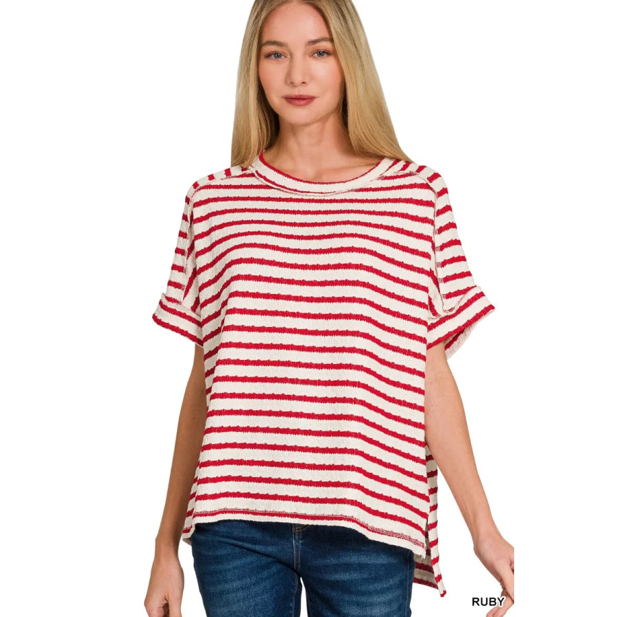 Zenana Stripe Jacquard Round-Meck Tee RUBY / S/M Apparel and Accessories