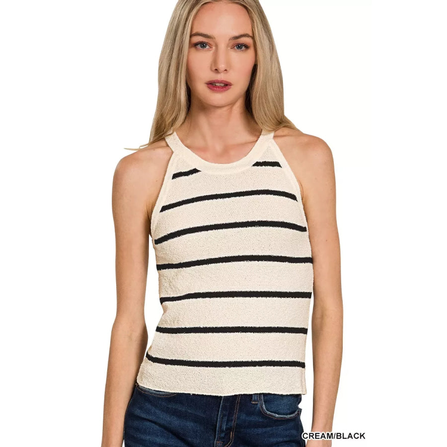 Zenana Stripe Sweater Tank Top CREAM/BLACK / S Apparel and Accessories