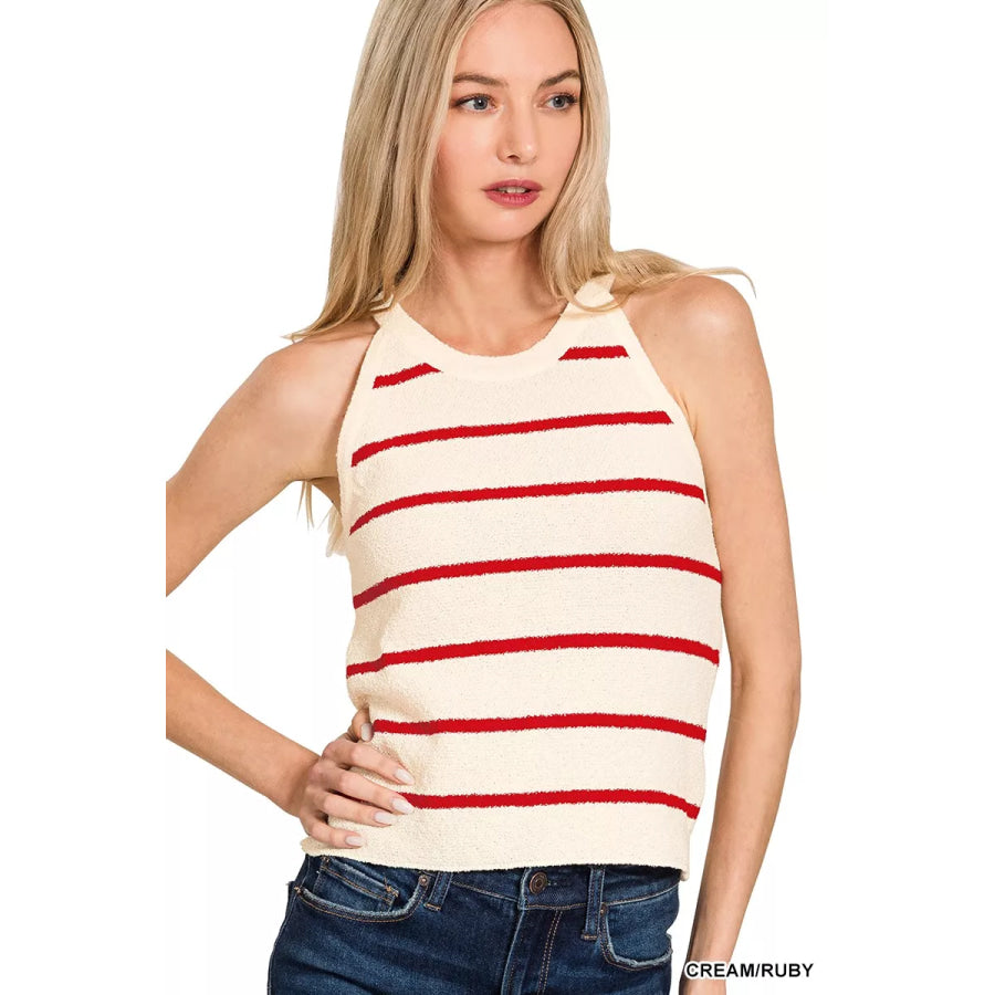 Zenana Stripe Sweater Tank Top CREAM/RUBY / S Apparel and Accessories