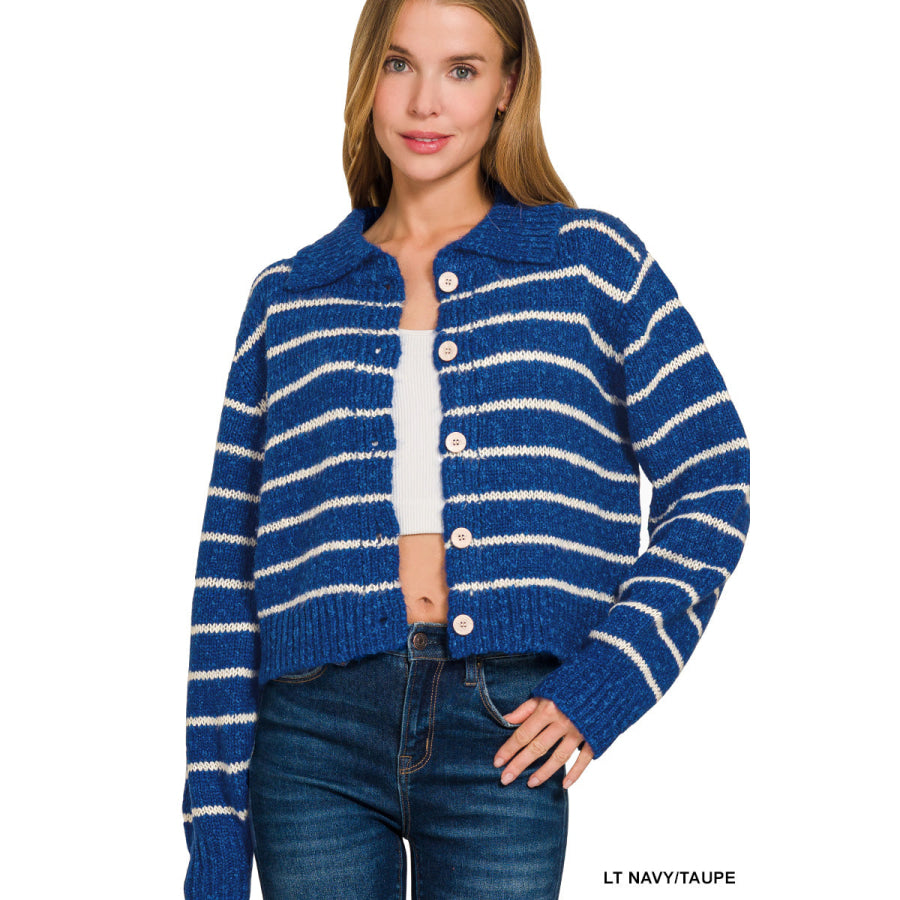 Zenana Striped Collared Button Down Sweater Cardigan Apparel and Accessories