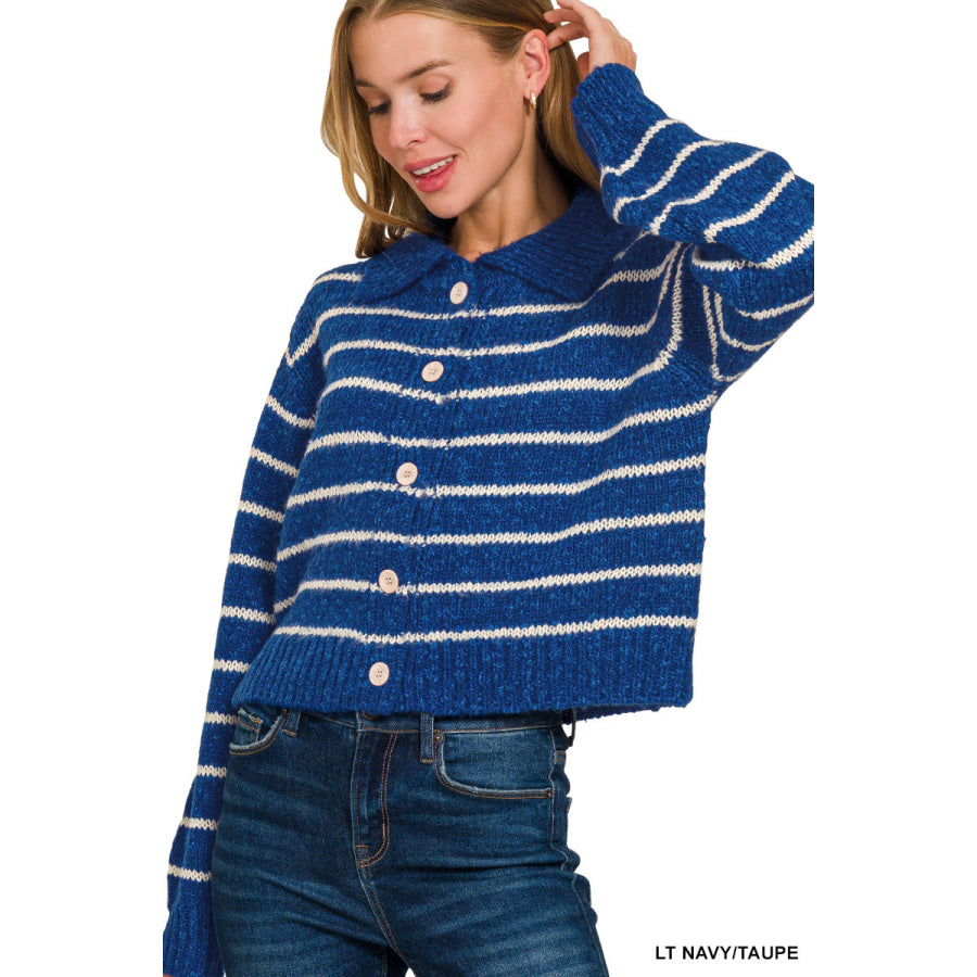 Zenana Striped Collared Button Down Sweater Cardigan LT NAVY/TAUPE / S Apparel and Accessories
