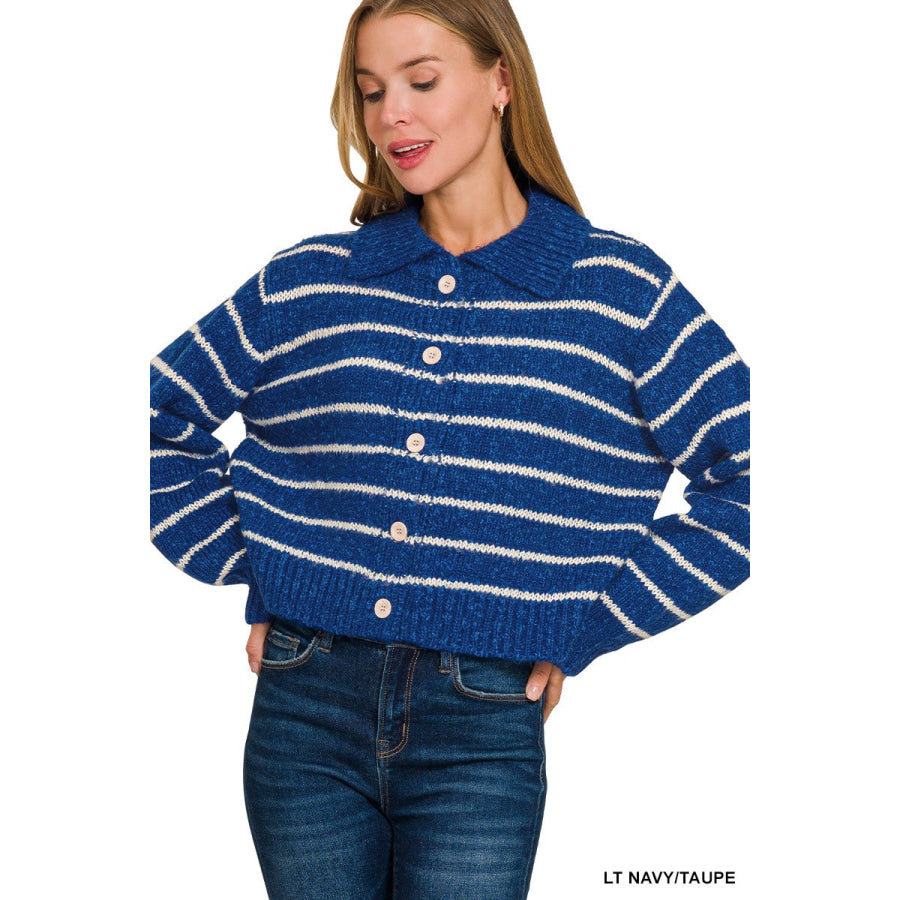 Zenana Striped Collared Button Down Sweater Cardigan LT NAVY/TAUPE / S Apparel and Accessories