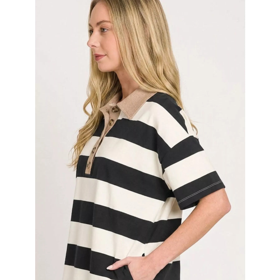 Zenana Striped Collared Polo Top Apparel and Accessories