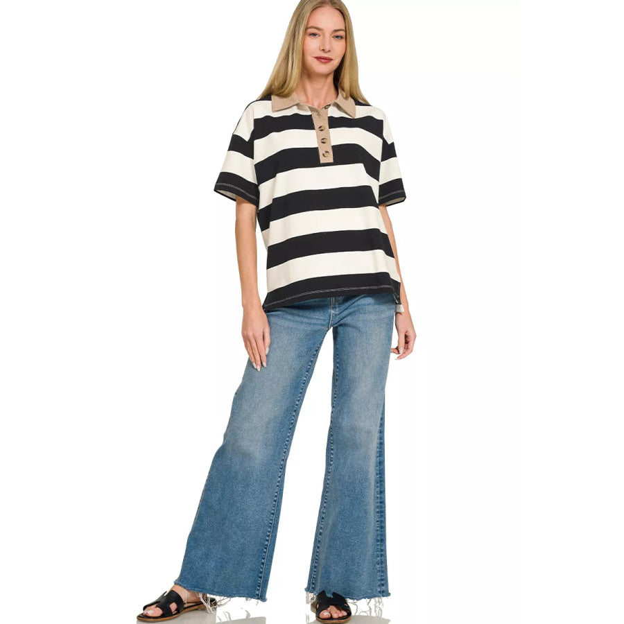 Zenana Striped Collared Polo Top Apparel and Accessories