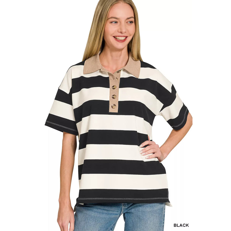 Zenana Striped Collared Polo Top BLACK / S Apparel and Accessories