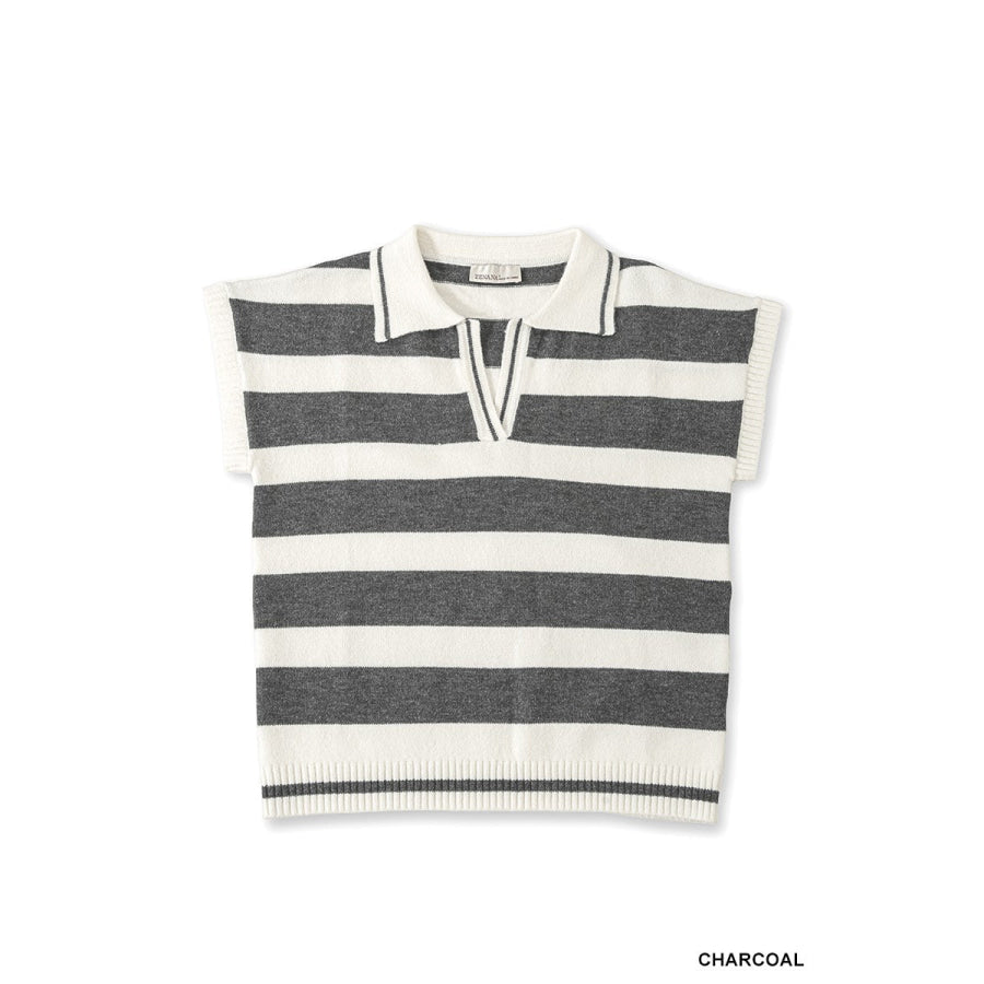 Zenana Striped Collared Short Sleeve Sweater Apparel and Accessories