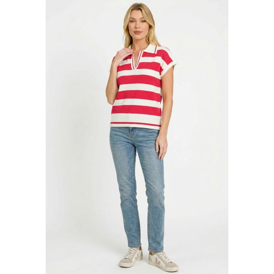 Zenana Striped Collared Short Sleeve Sweater Apparel and Accessories