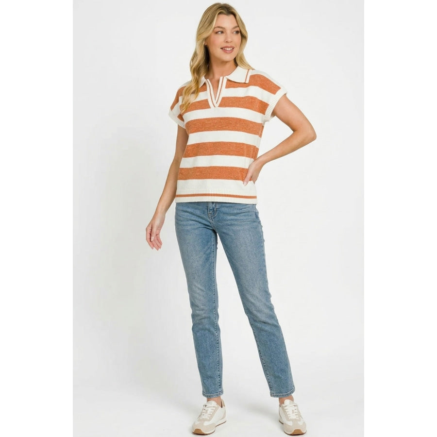 Zenana Striped Collared Short Sleeve Sweater Apparel and Accessories