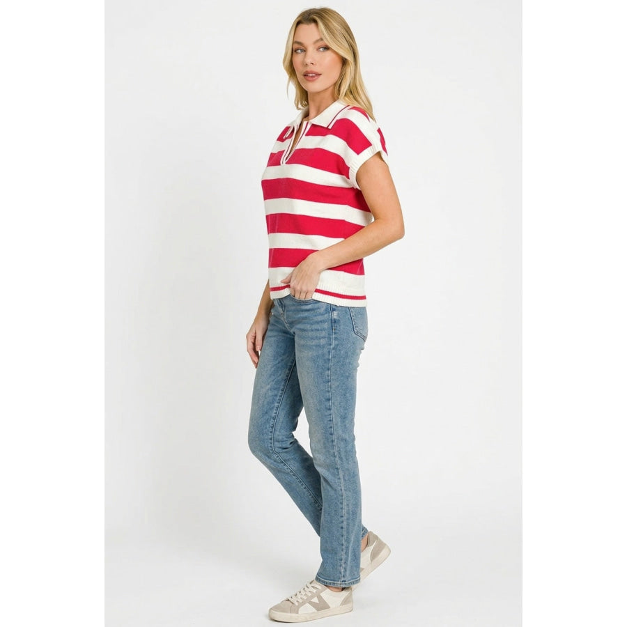 Zenana Striped Collared Short Sleeve Sweater Apparel and Accessories