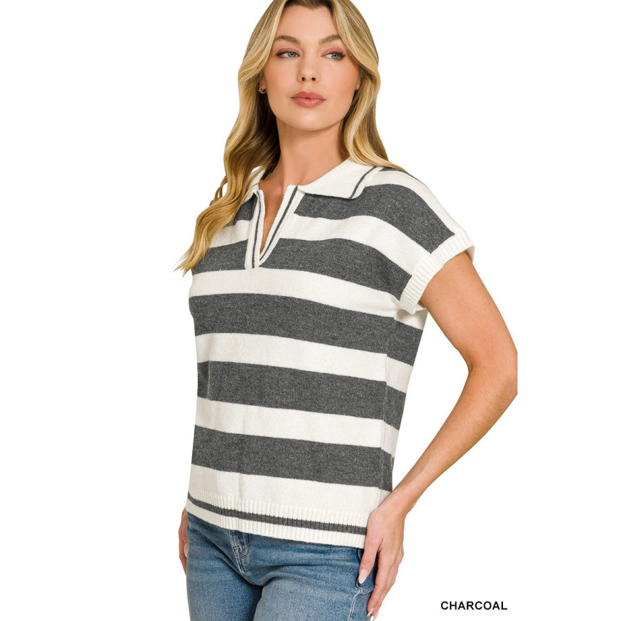 Zenana Striped Collared Short Sleeve Sweater Apparel and Accessories