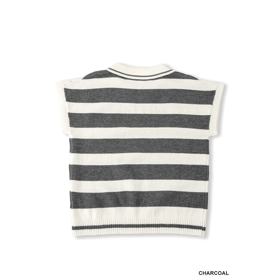 Zenana Striped Collared Short Sleeve Sweater Apparel and Accessories