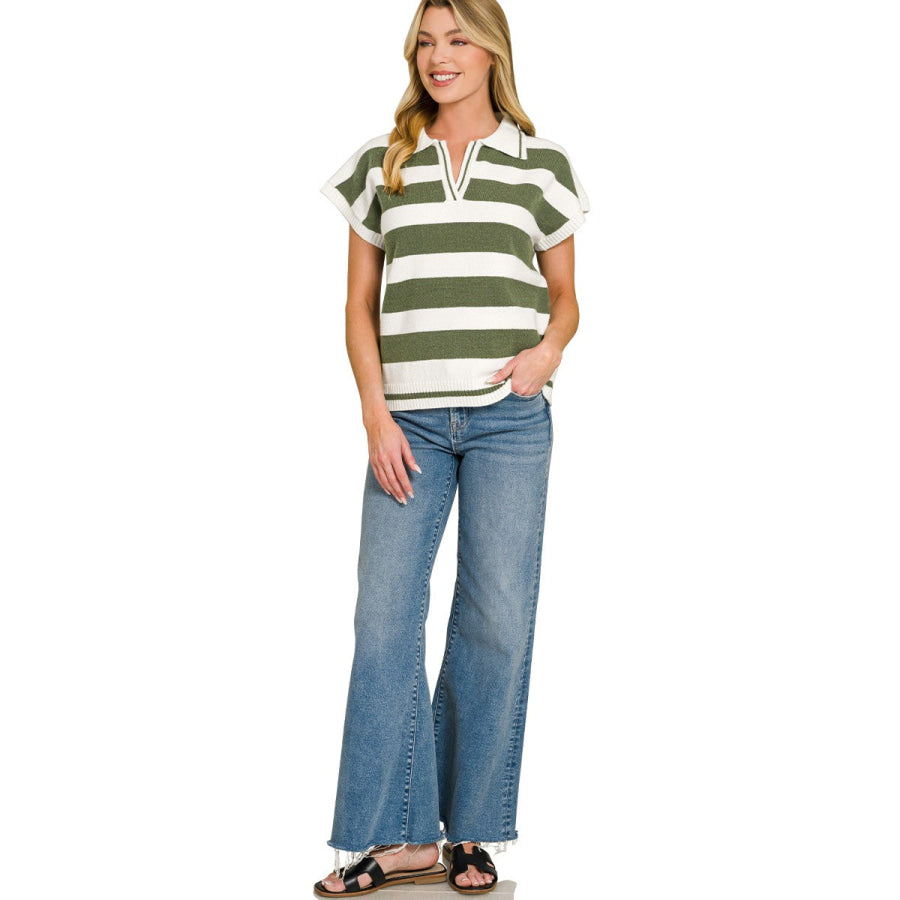 Zenana Striped Collared Short Sleeve Sweater Apparel and Accessories