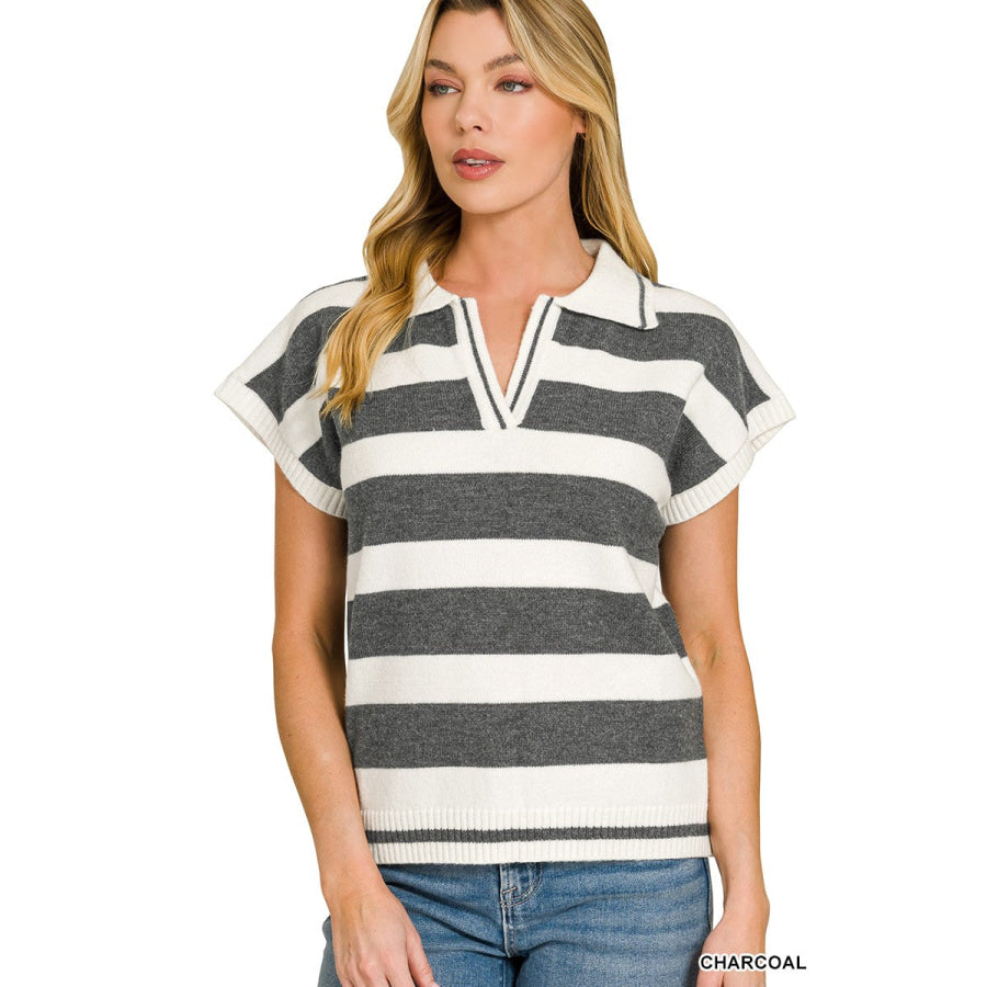 Zenana Striped Collared Short Sleeve Sweater CHARCOAL / S Apparel and Accessories