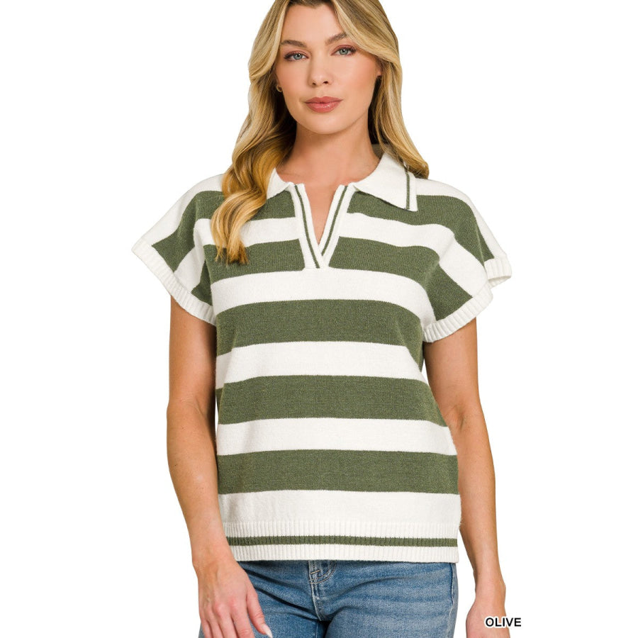 Zenana Striped Collared Short Sleeve Sweater OLIVE / S Apparel and Accessories