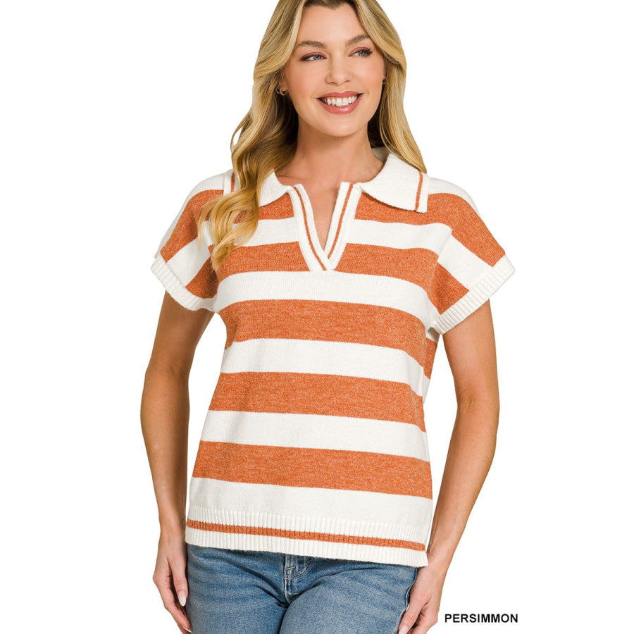 Zenana Striped Collared Short Sleeve Sweater PERSIMMON / S Apparel and Accessories