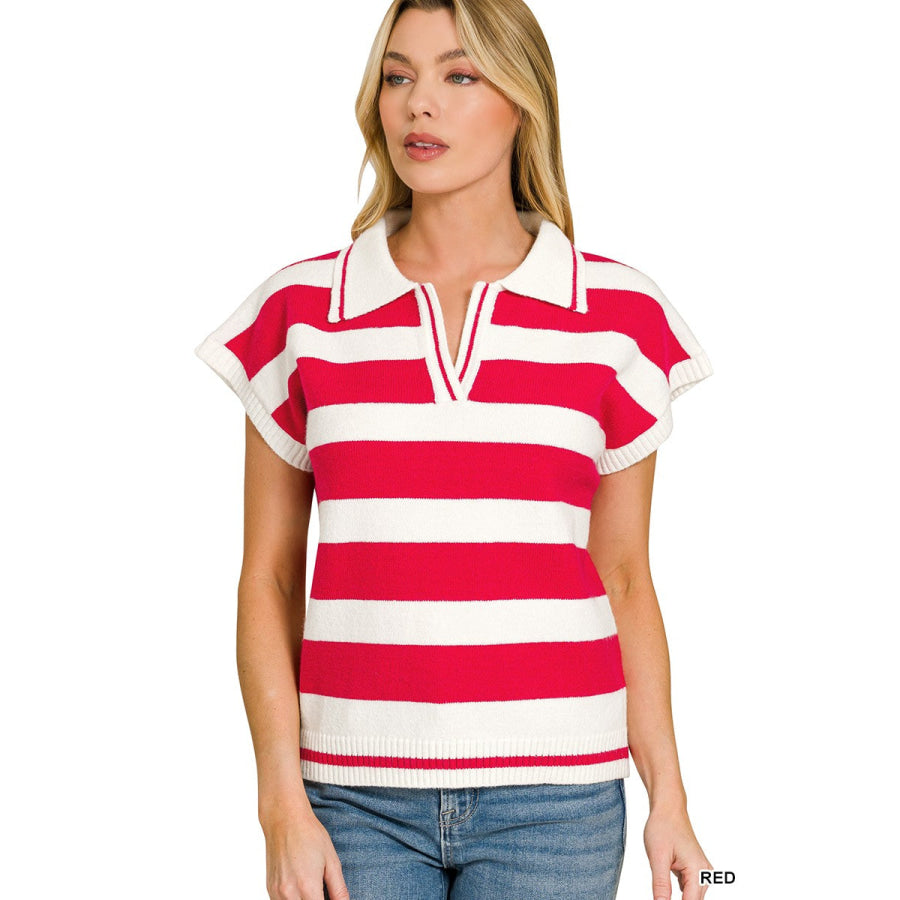 Zenana Striped Collared Short Sleeve Sweater RED / S Apparel and Accessories