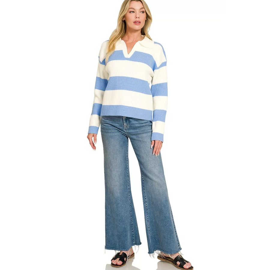 Zenana Striped Collared Sweater Apparel and Accessories