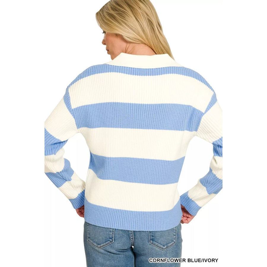 Zenana Striped Collared Sweater Apparel and Accessories
