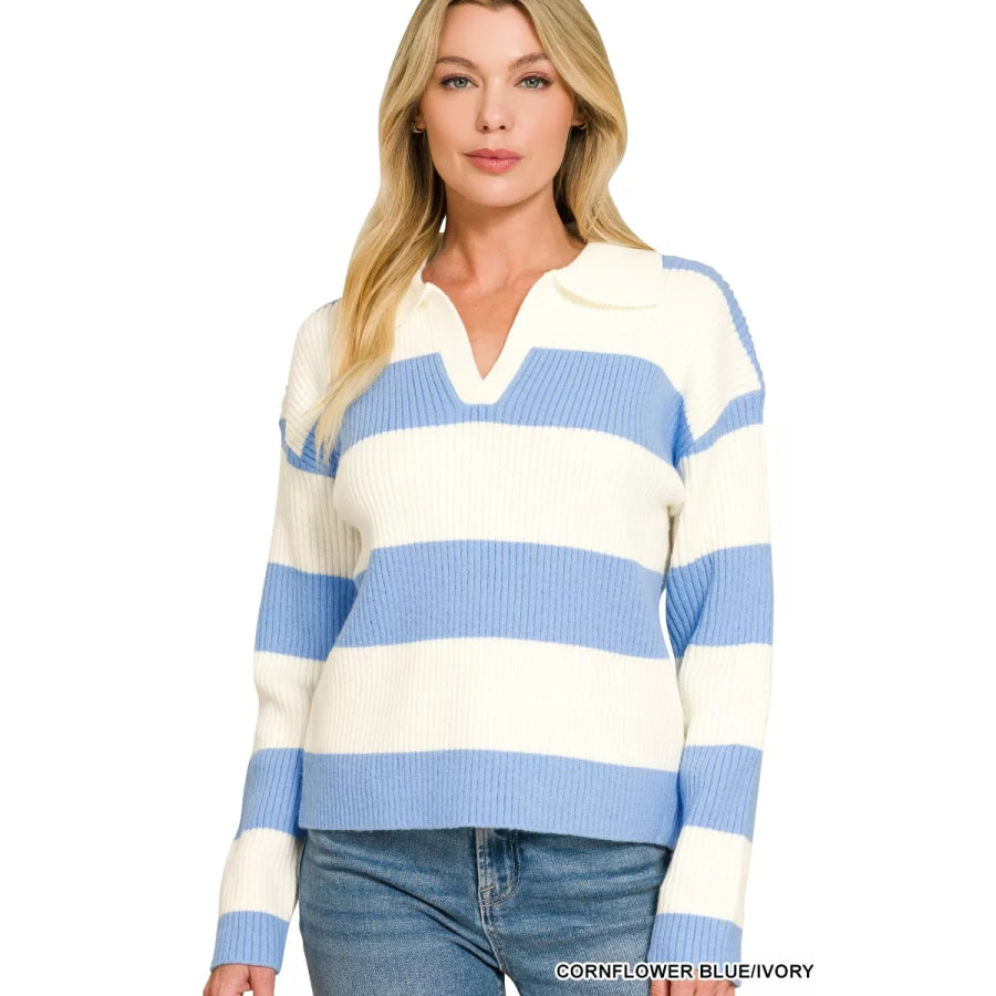 Zenana Striped Collared Sweater CORNFLOWER BLUE/IVORY / S Apparel and Accessories