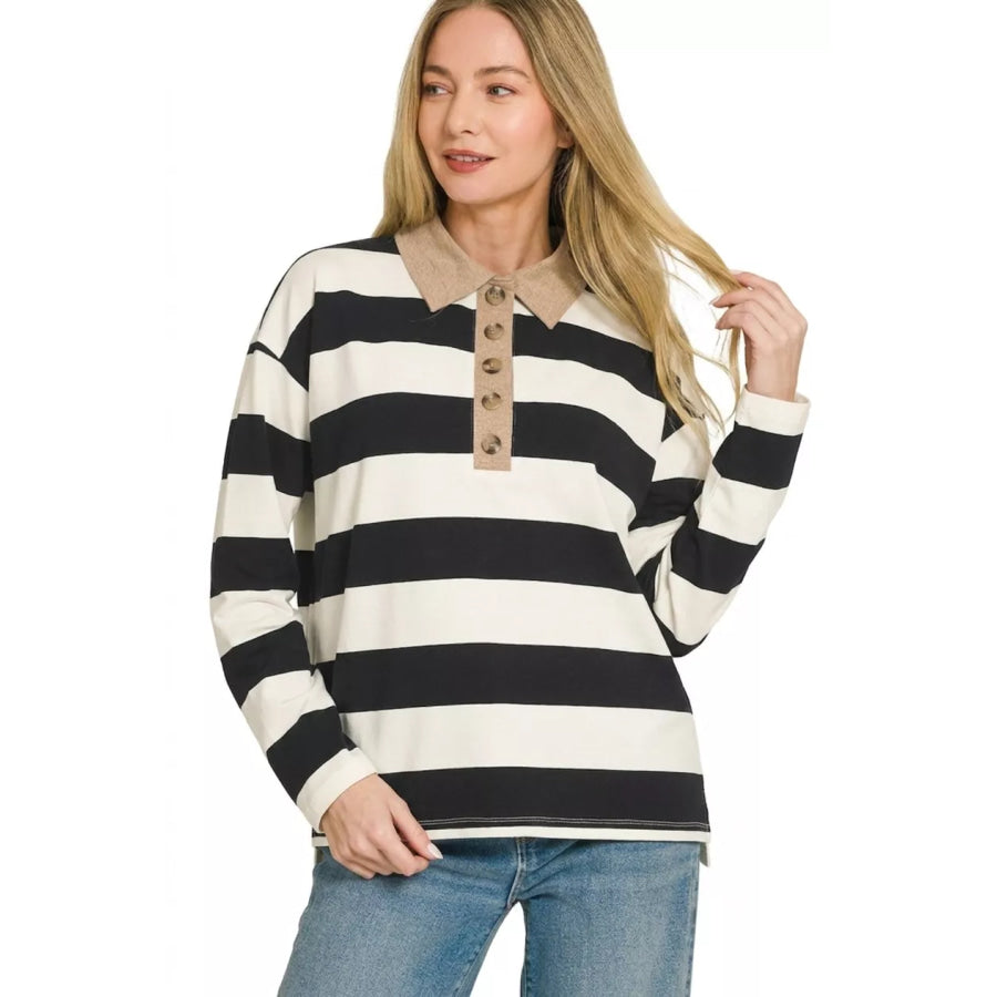 Zenana Striped Contrast Collar Polo Tee Apparel and Accessories