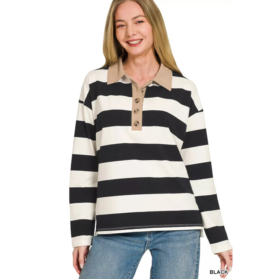 Zenana Striped Contrast Collar Polo Tee Apparel and Accessories