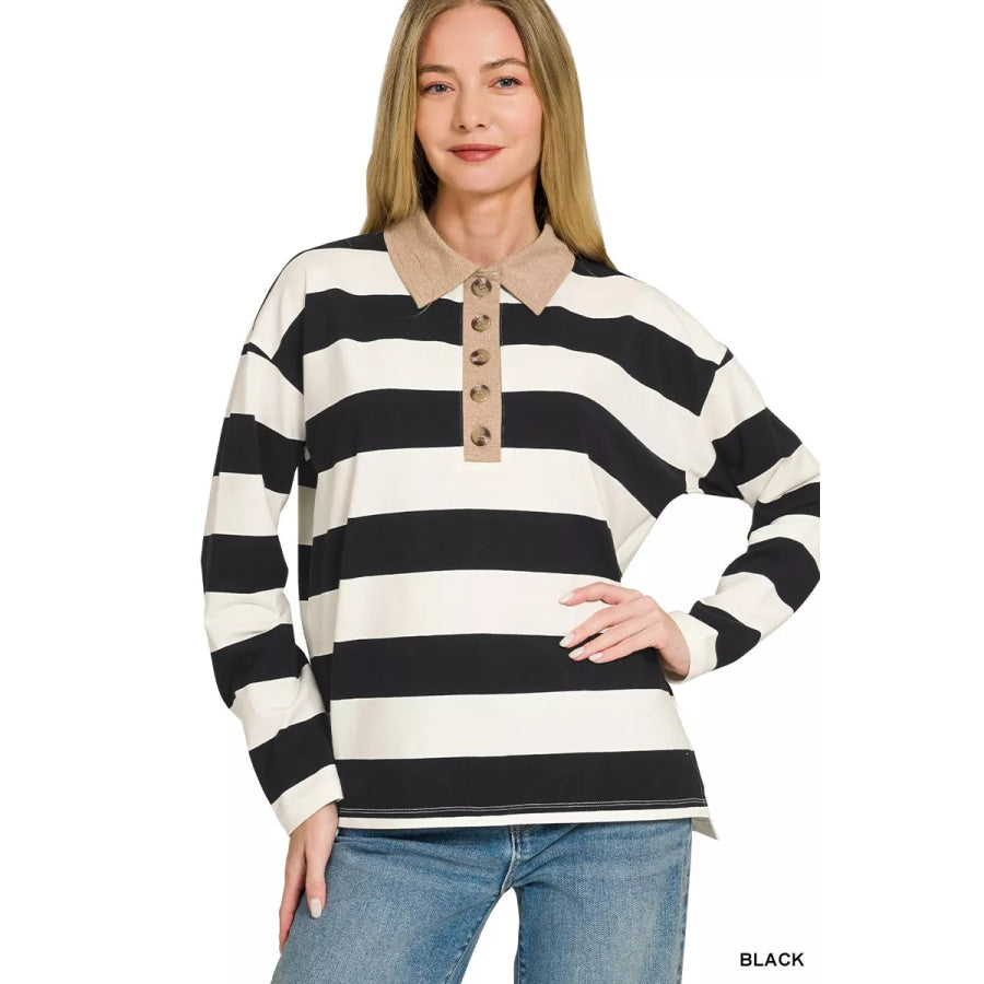 Zenana Striped Contrast Collar Polo Tee Apparel and Accessories