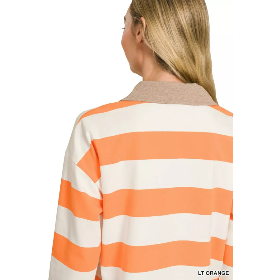 Zenana Striped Contrast Collar Polo Top Apparel and Accessories