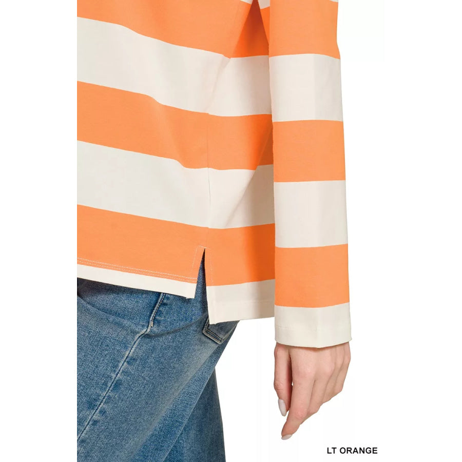 Zenana Striped Contrast Collar Polo Top Apparel and Accessories
