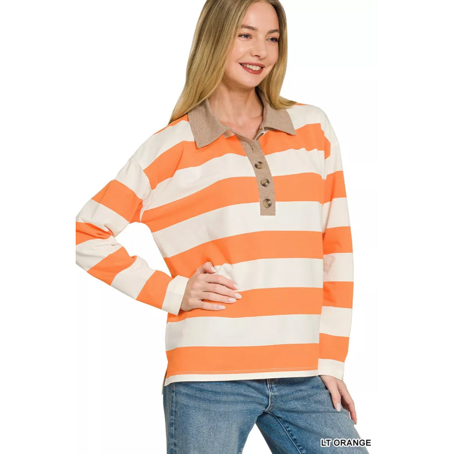 Zenana Striped Contrast Collar Polo Top LT ORANGE / S Apparel and Accessories