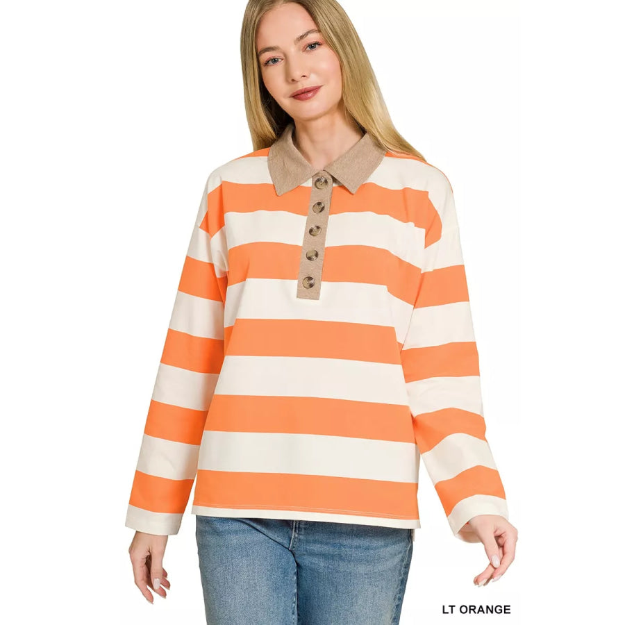 Zenana Striped Contrast Collar Polo Top LT ORANGE / S Apparel and Accessories