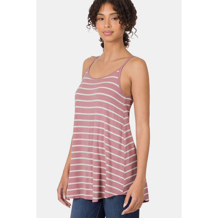 Zenana Striped Curved Hem Cami LT ROSE/IVORY / S Apparel and Accessories