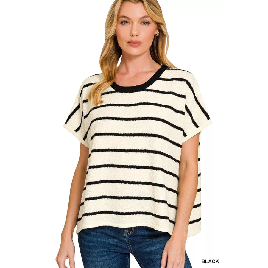 Zenana Striped Oversize Sweater Top BLACK / S/M Apparel and Accessories