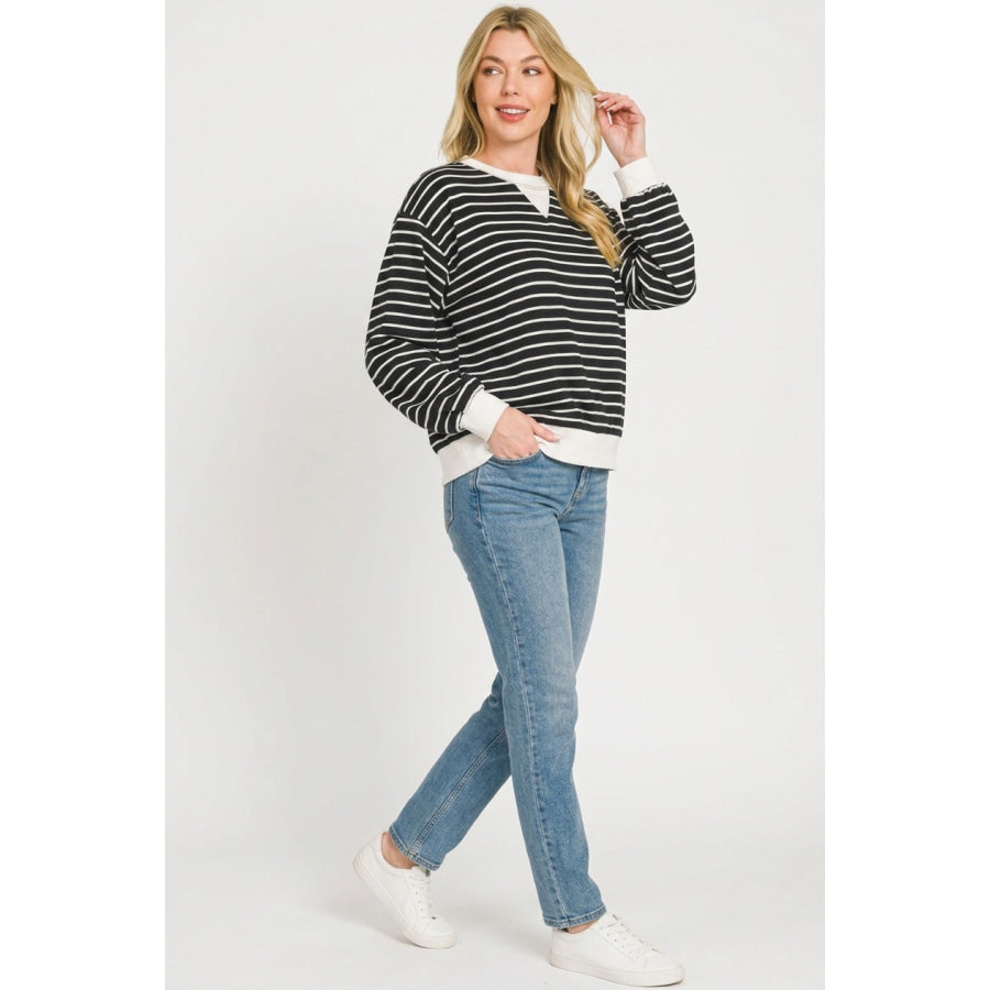 Zenana Striped Rib Banded Sweatshirt BLACK / S Apparel and Accessories