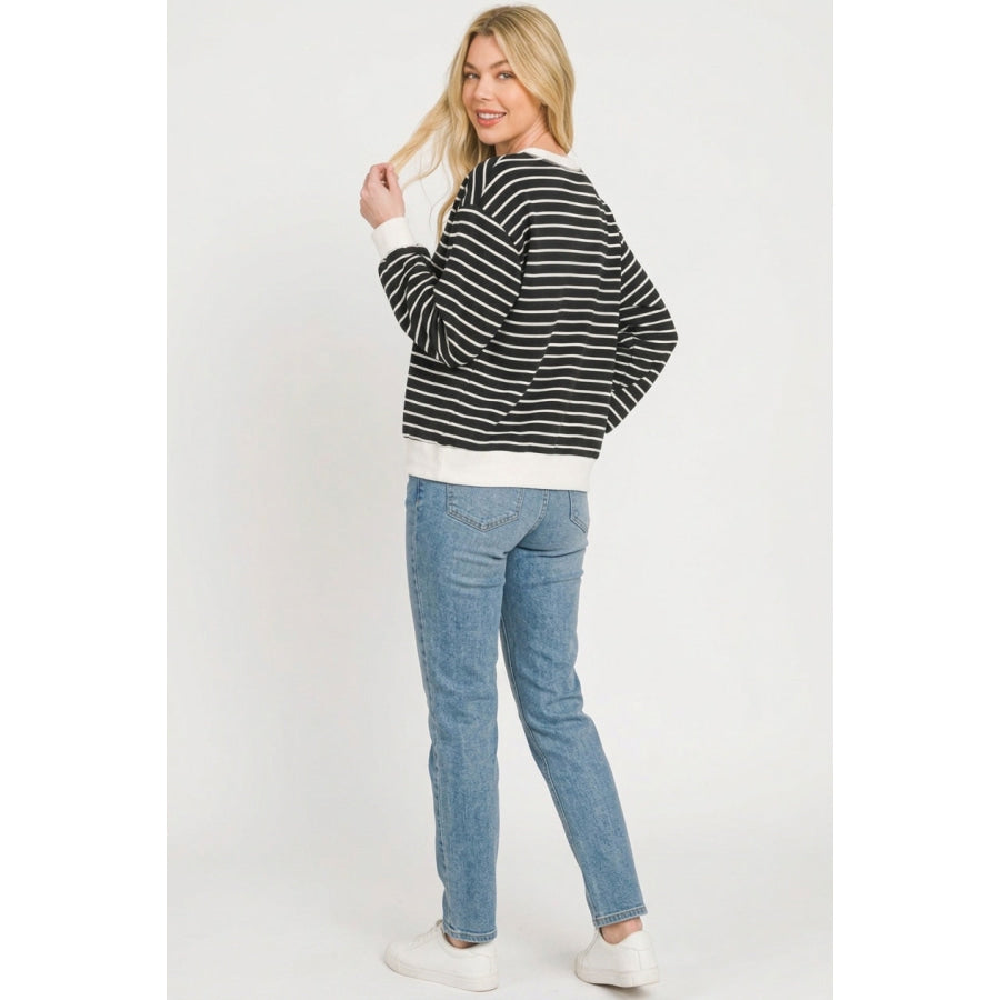 Zenana Striped Rib Banded Sweatshirt Apparel and Accessories