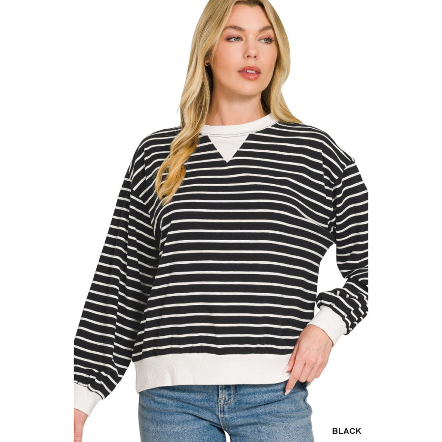 Zenana Striped Rib Banded Sweatshirt BLACK / S Apparel and Accessories