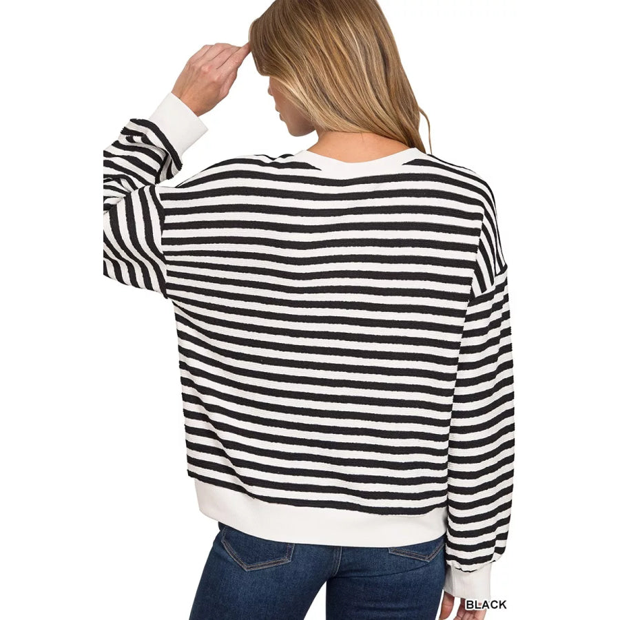 Zenana Striped Round Neck Sweatshirt Apparel and Accessories