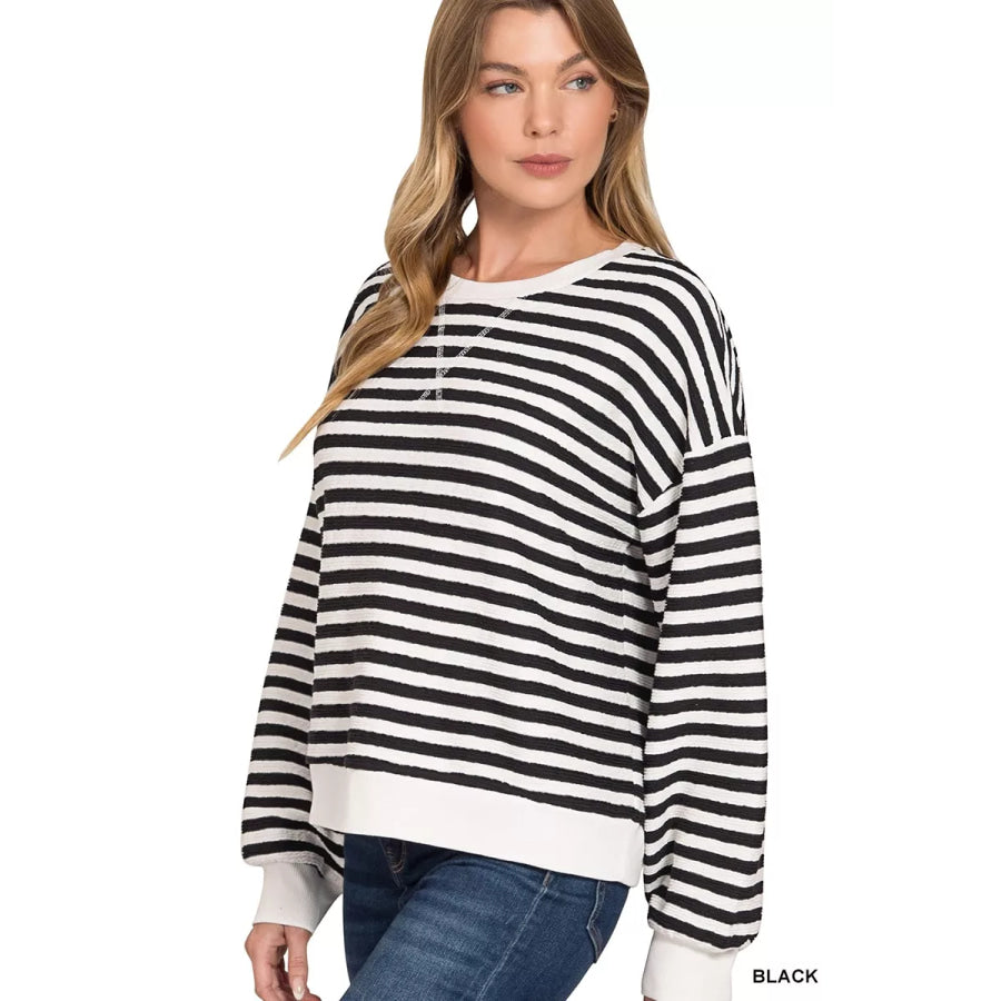 Zenana Striped Round Neck Sweatshirt Apparel and Accessories