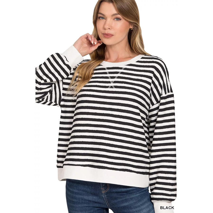Zenana Striped Round Neck Sweatshirt BLACK / S Apparel and Accessories