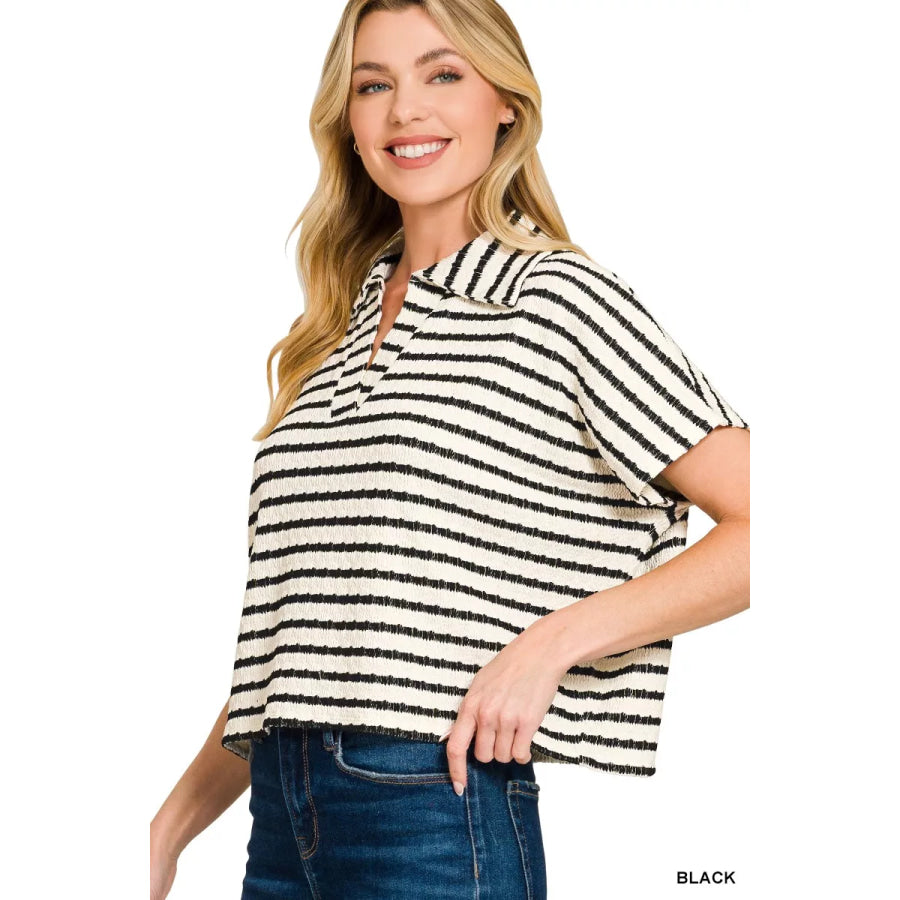 Zenana Striped Split Neck Collared Top BLACK / S Apparel and Accessories