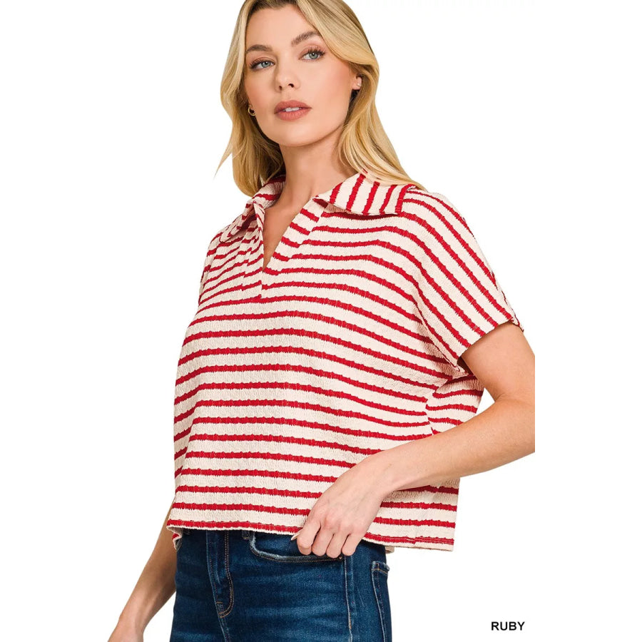Zenana Striped Split Neck Collared Top Apparel and Accessories