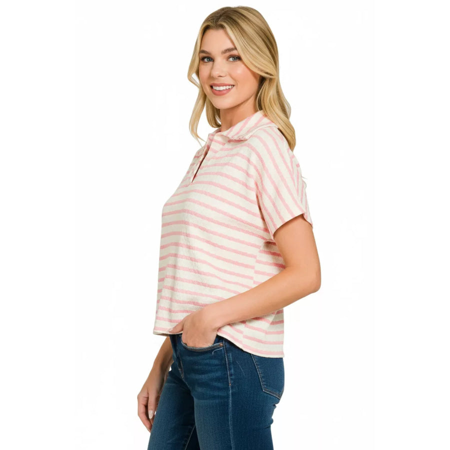 Zenana Striped Split Neck Collared Top Apparel and Accessories