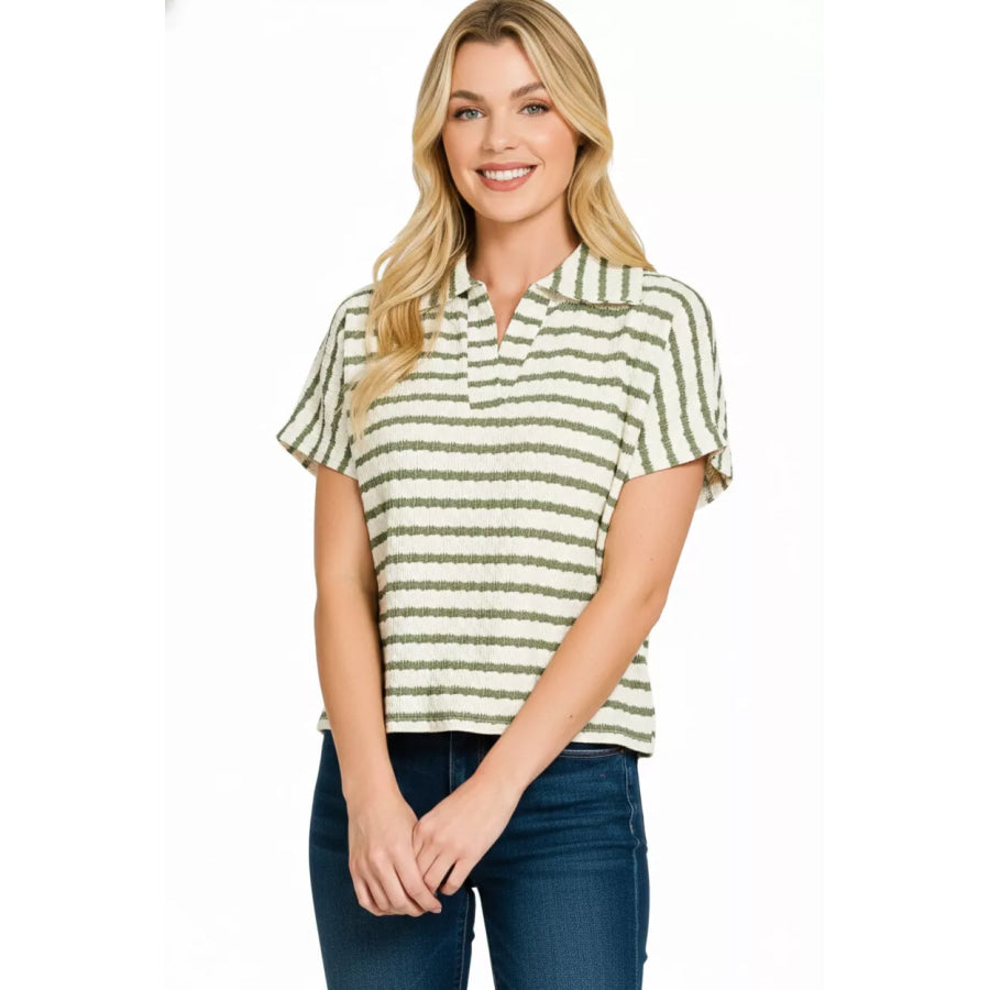Zenana Striped Split Neck Collared Top OLIVE / S Apparel and Accessories