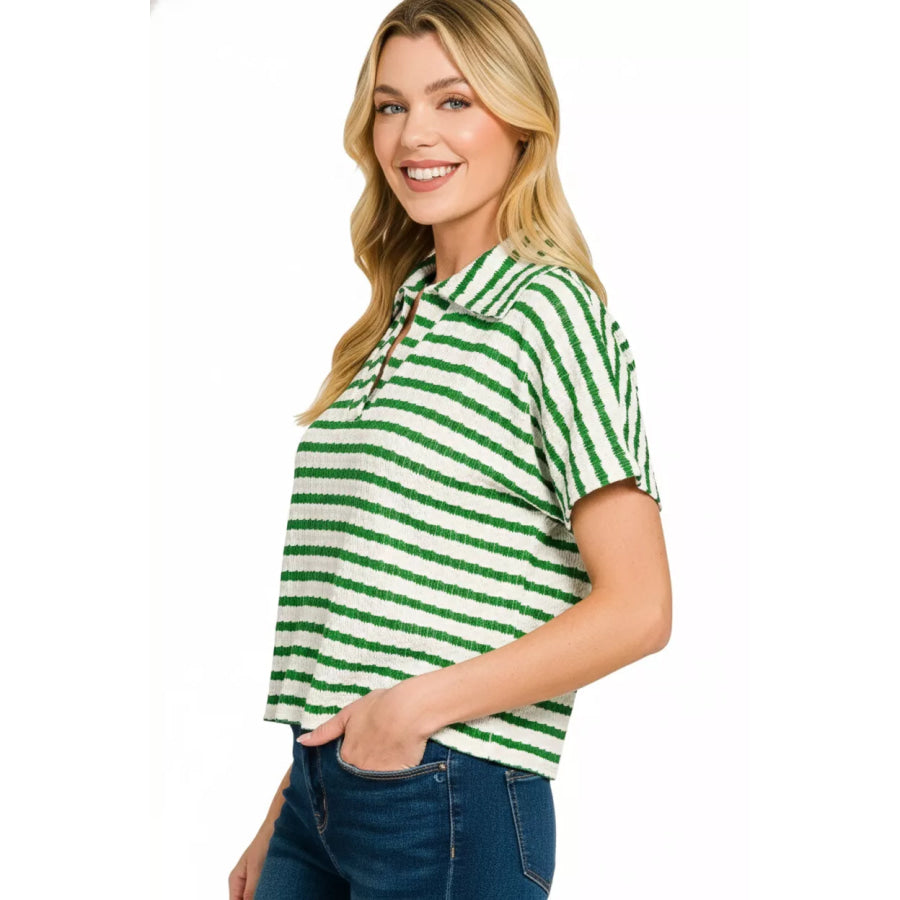 Zenana Striped Split Neck Collared Top Apparel and Accessories