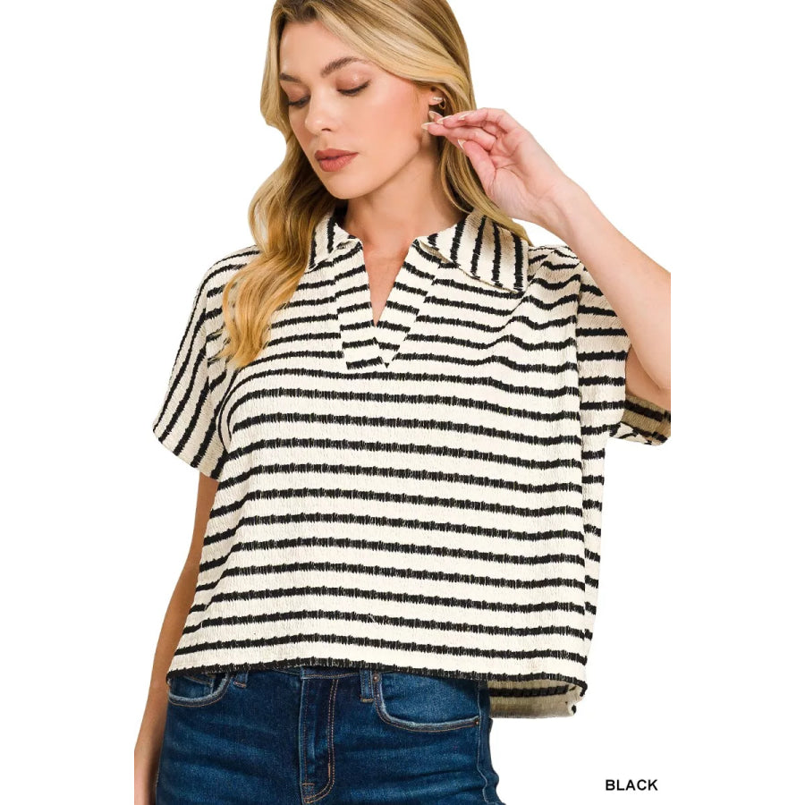 Zenana Striped Split Neck Collared Top BLACK / S Apparel and Accessories