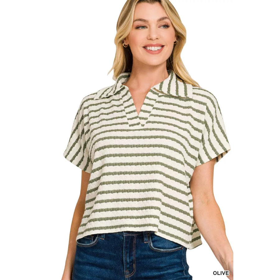 Zenana Striped Split Neck Collared Top OLIVE / S Apparel and Accessories