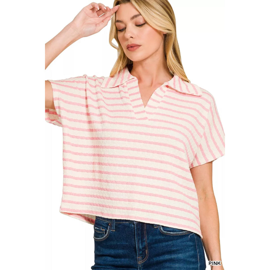 Zenana Striped Split Neck Collared Top PINK / S Apparel and Accessories