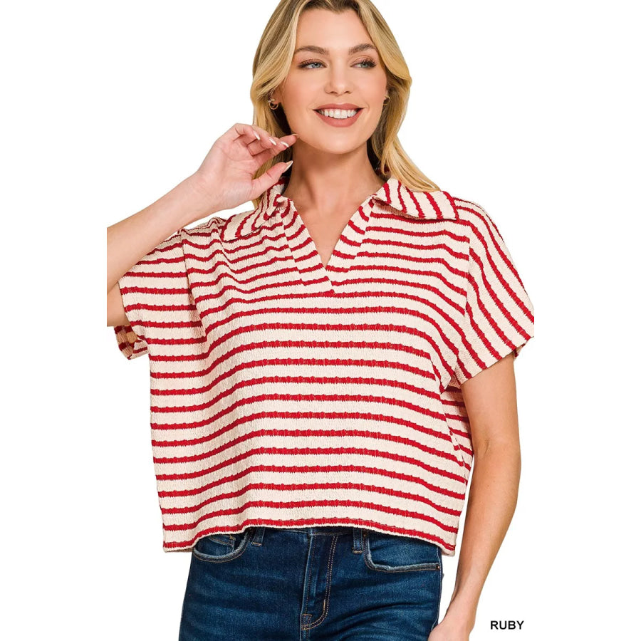 Zenana Striped Split Neck Collared Top RUBY / S Apparel and Accessories