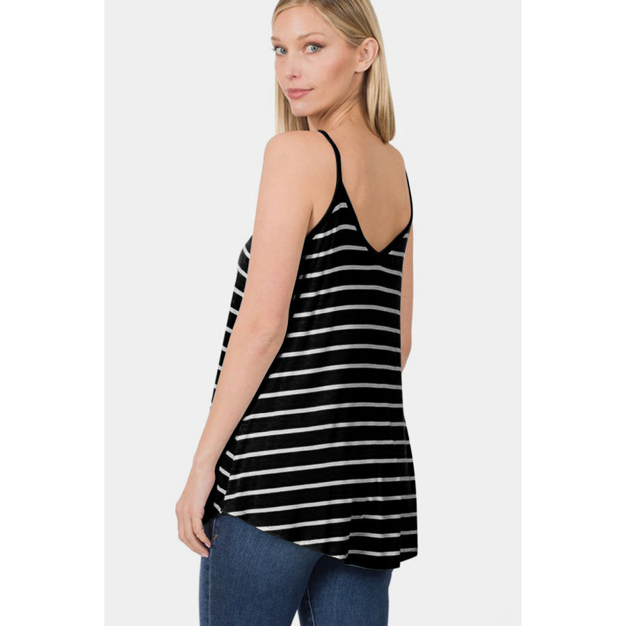 Zenana Striped V - Neck Curved Hem Cami BLACK/IVORY / S Apparel and Accessories
