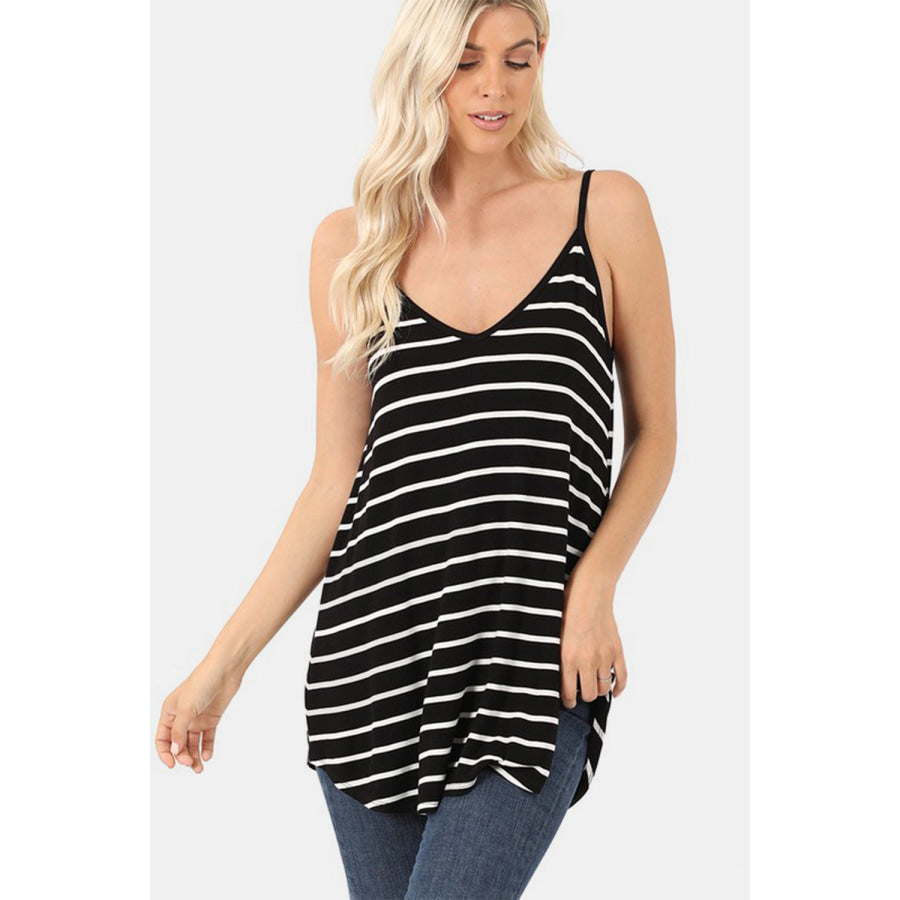 Zenana Striped V - Neck Curved Hem Cami BLACK/IVORY / S Apparel and Accessories